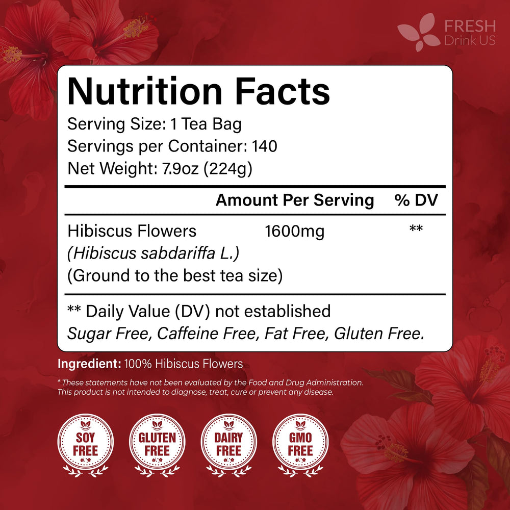Close-up of FreshDrinkUS hibiscus tea bags showing vibrant dried flowers.