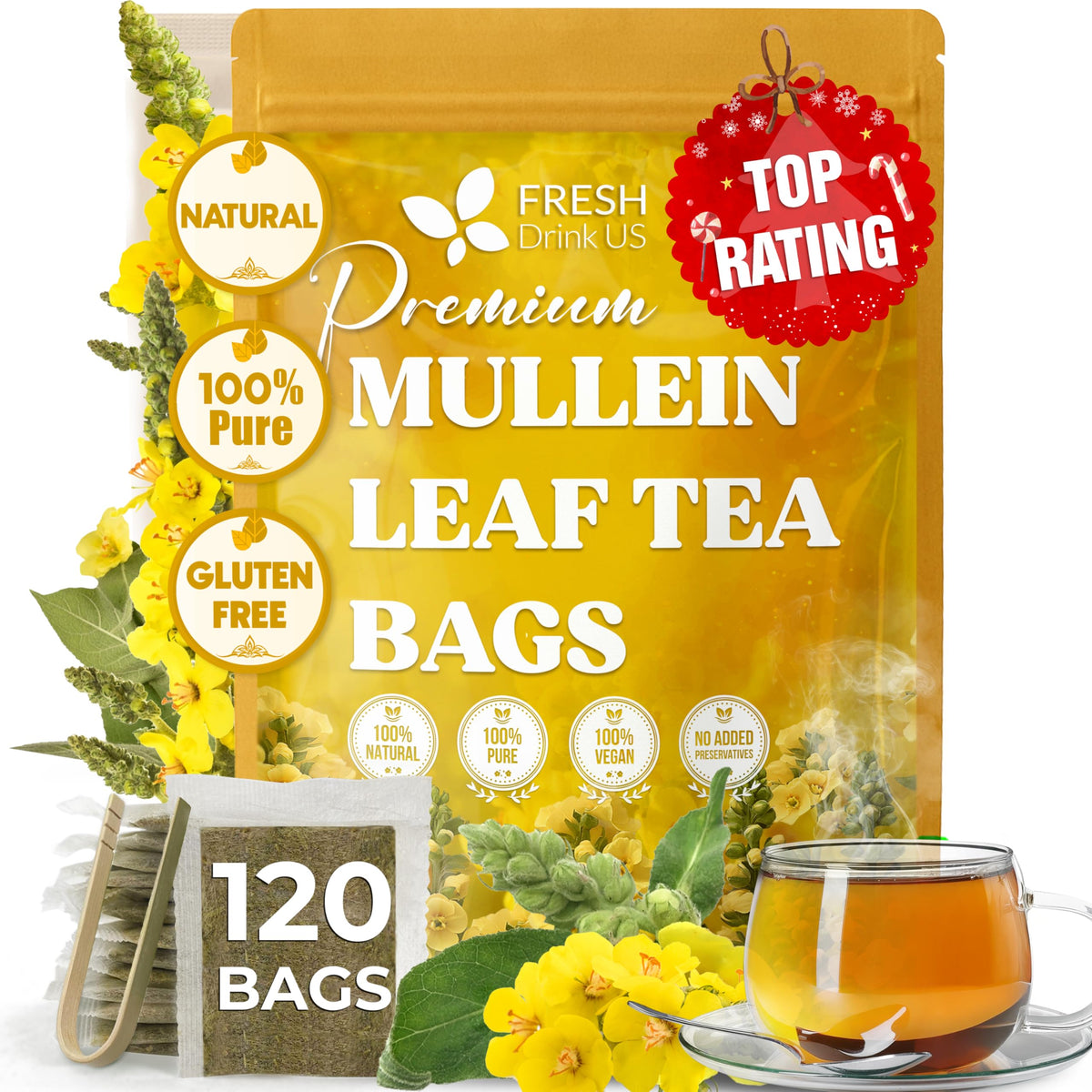 FreshDrinkUS mullein tea bag close-up showing premium leaves and rich aroma.