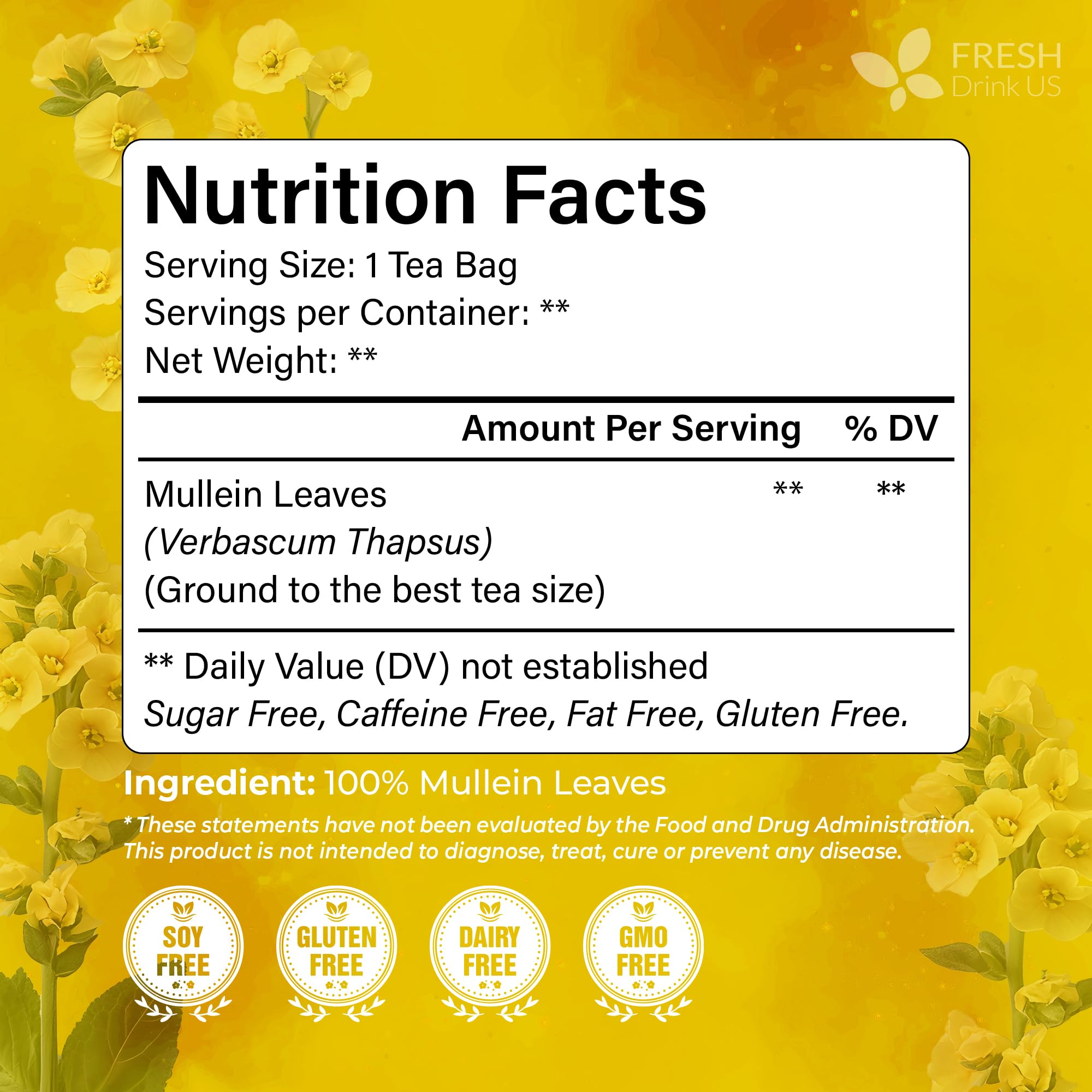 FreshDrinkUS mullein tea bags packaging with eco-friendly kraft bags.