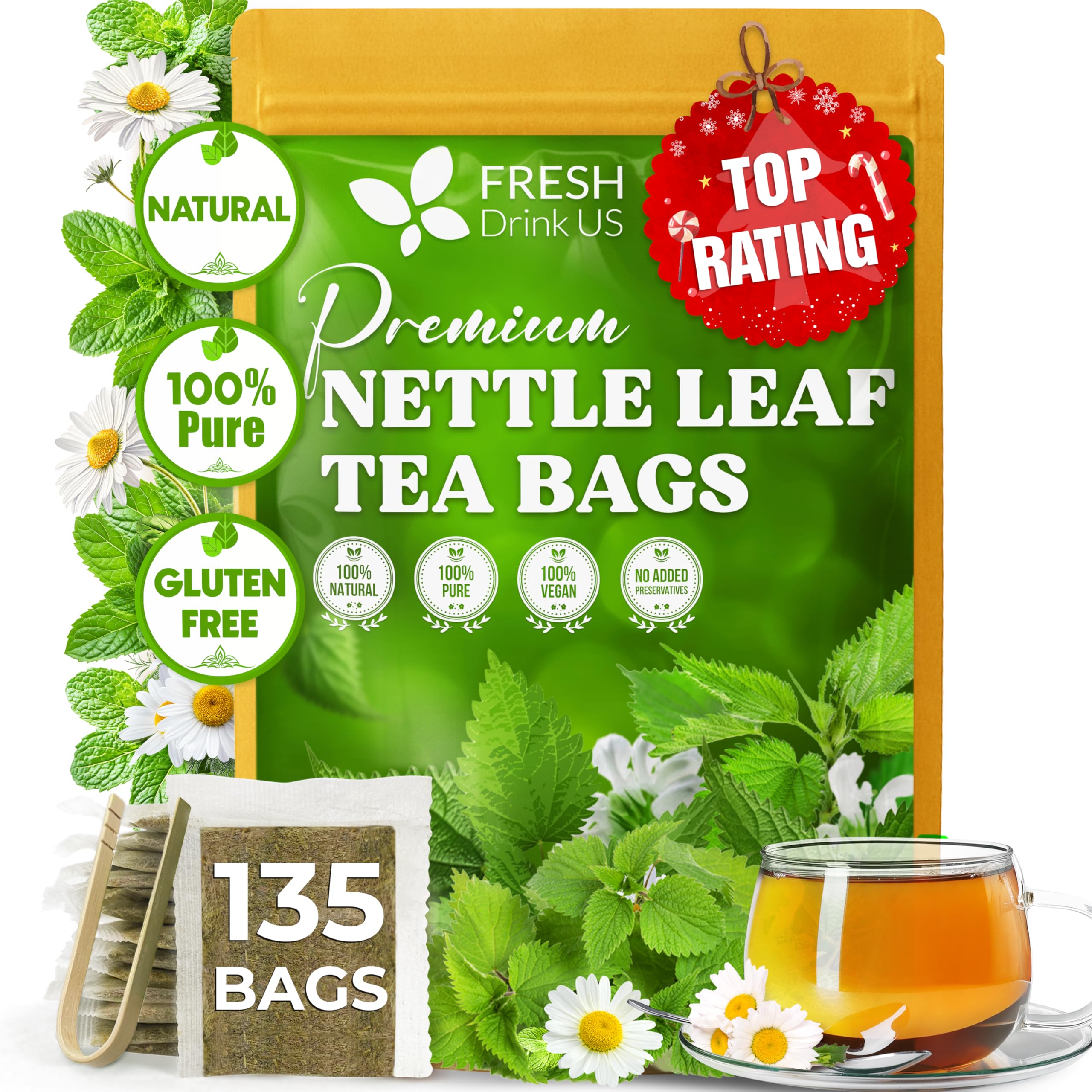 FreshDrinkUS nettle tea bag with natural leaves for caffeine-free tea.