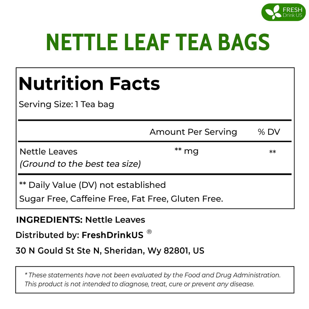 FreshDrinkUS nettle tea bag close-up of leaves highlighting quality.