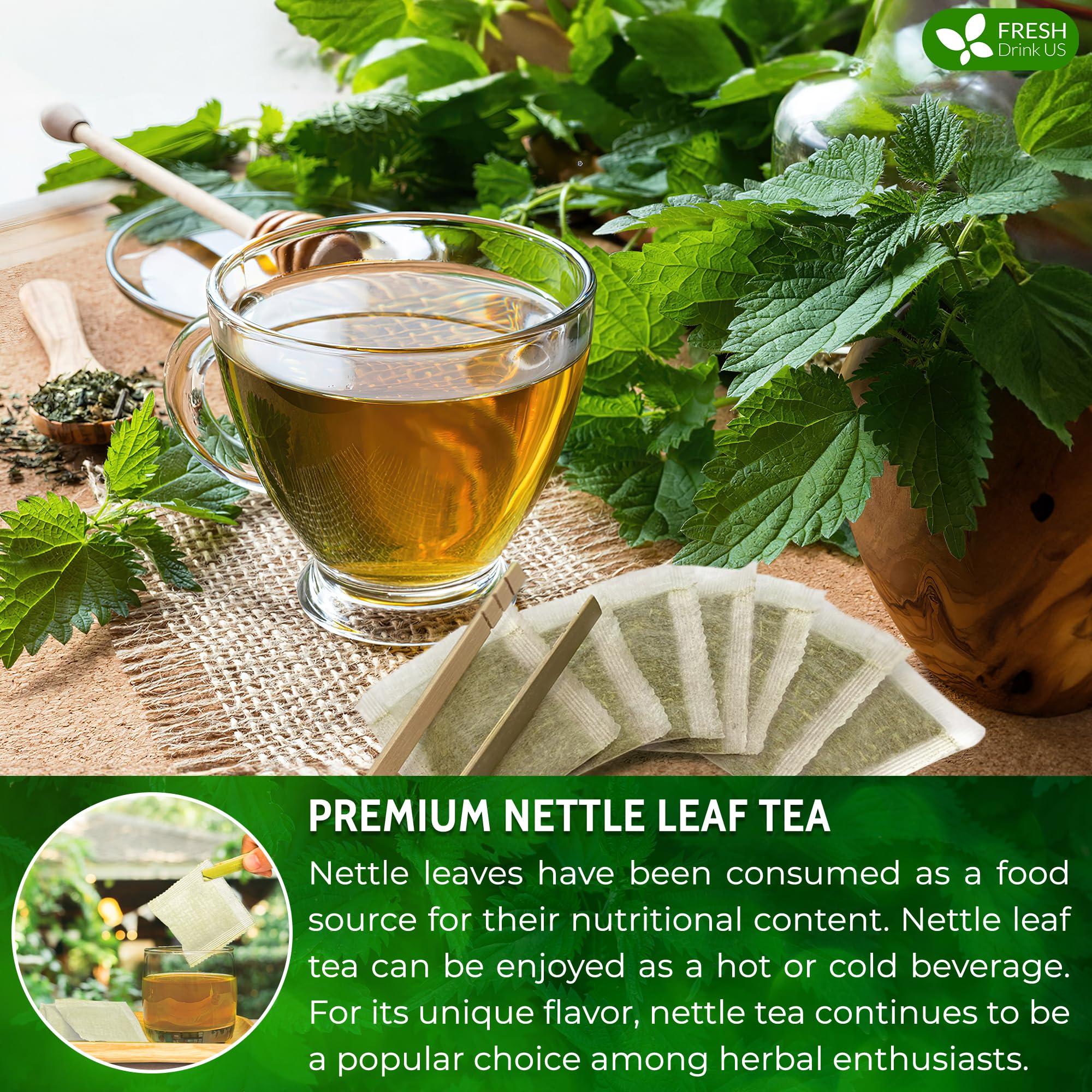 FreshDrinkUS nettle tea infusion in cup shows clear color.