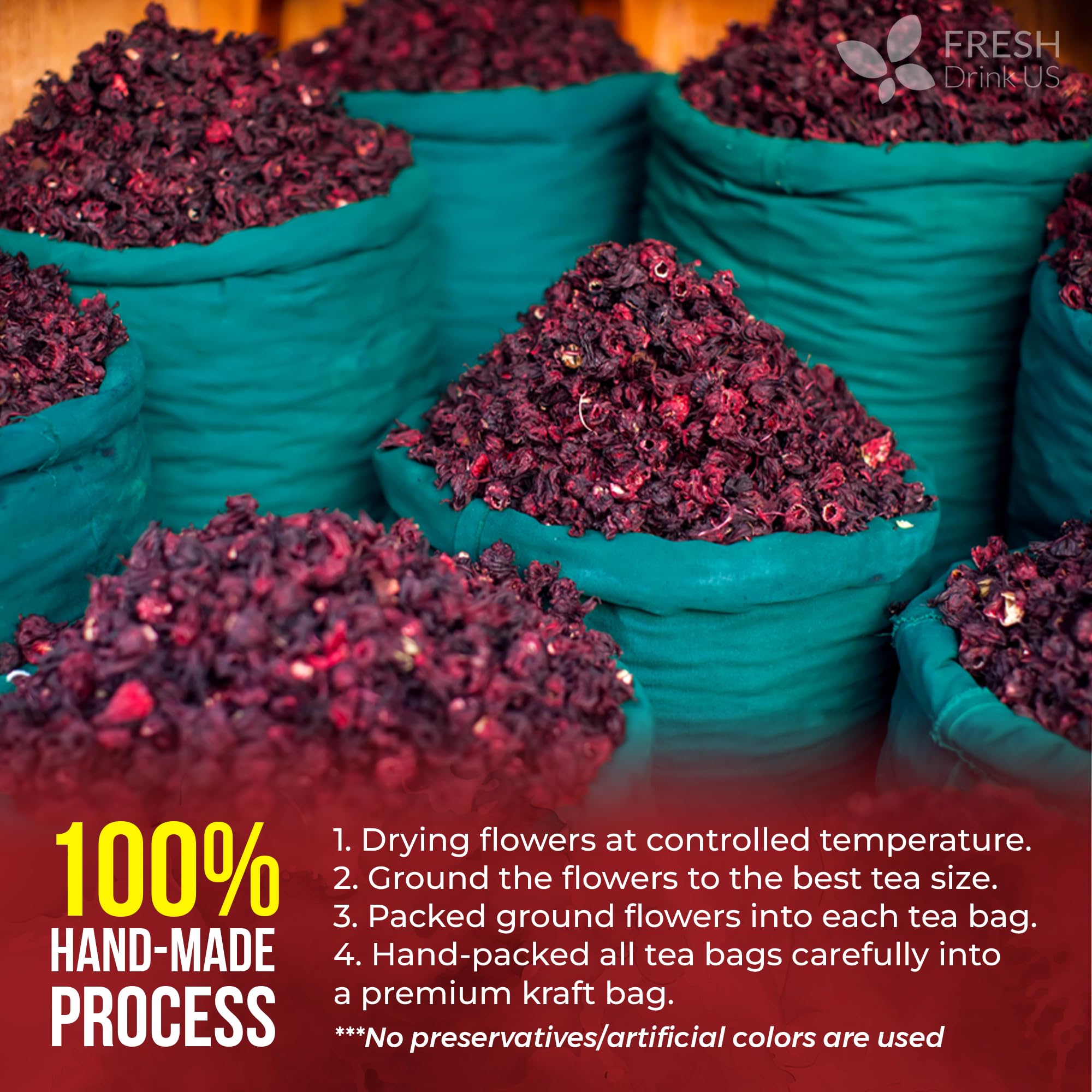 Resealable bag preserves freshness of FreshDrinkUS hibiscus tea.