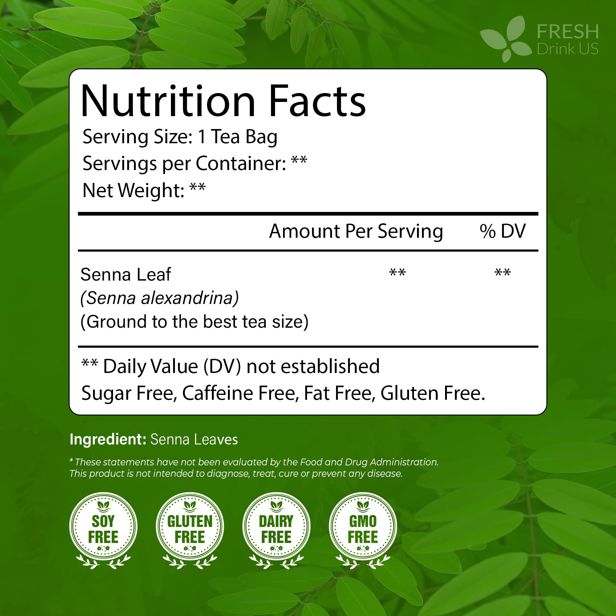 FreshDrinkUS senna leaf tea bags closeup showing authentic leaves and pure flavor.