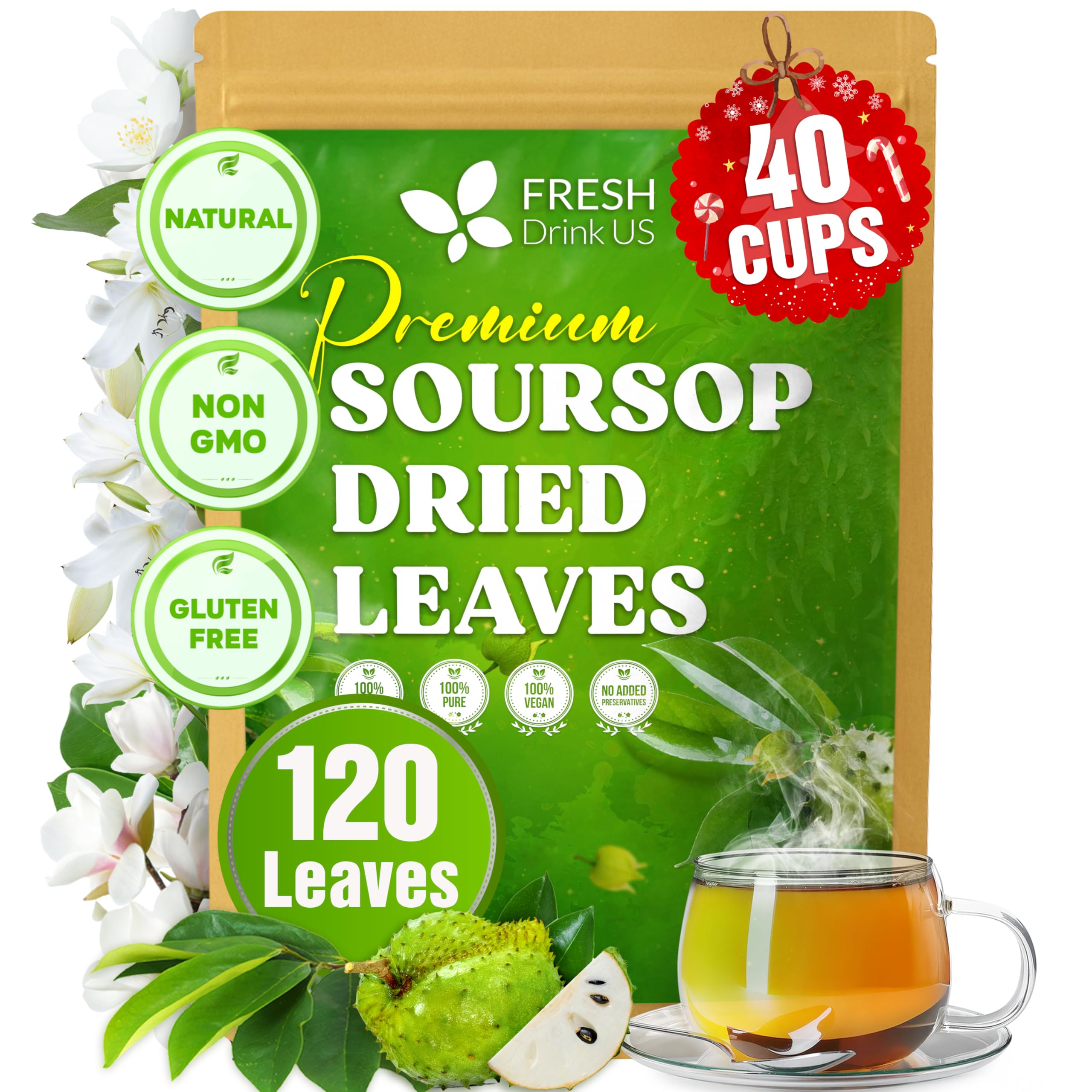 FreshDrinkUS soursop tea packaging shows eco-friendly kraft pouch for freshness.