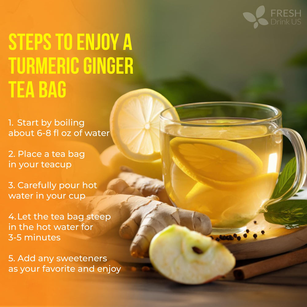 FreshDrinkUS turmeric-ginger tea bags are caffeine-free and gluten-free