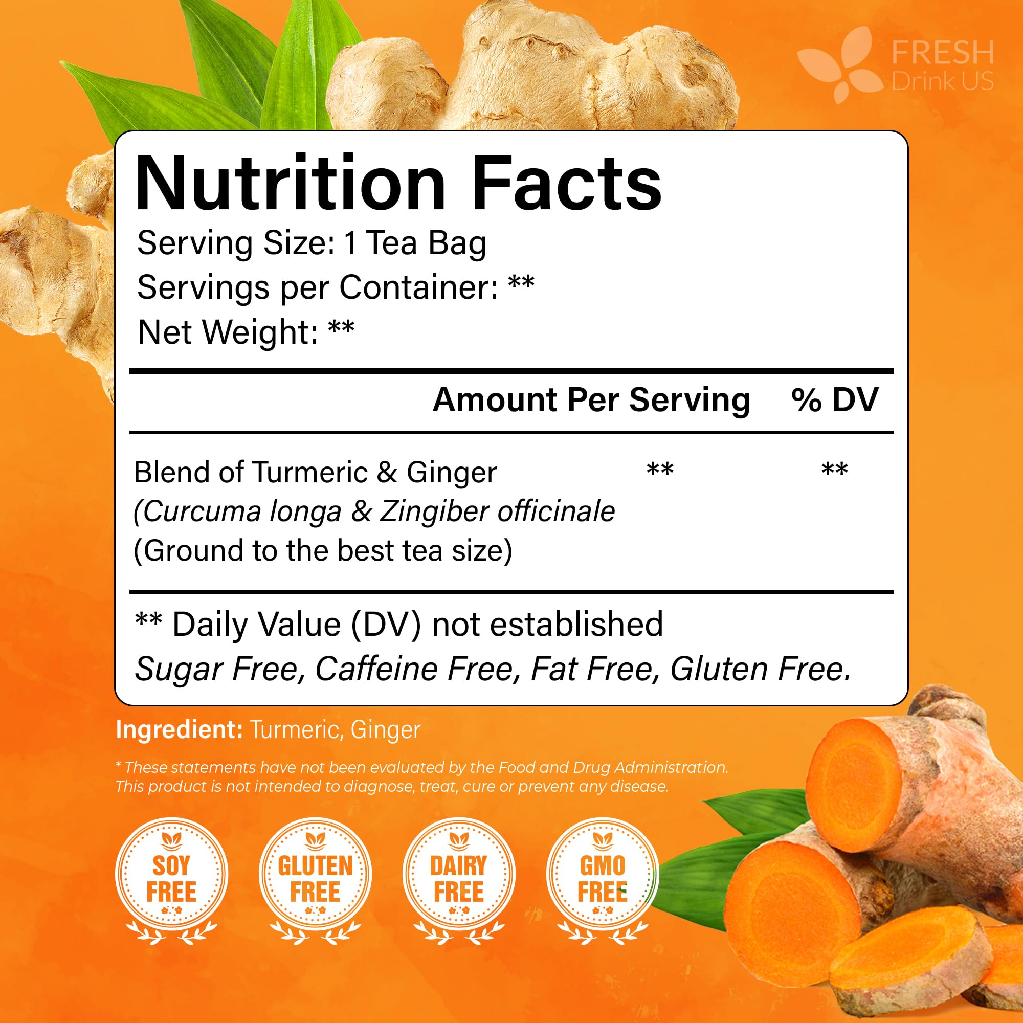 FreshDrinkUS turmeric ginger tea bags close-up of natural ingredients and aroma