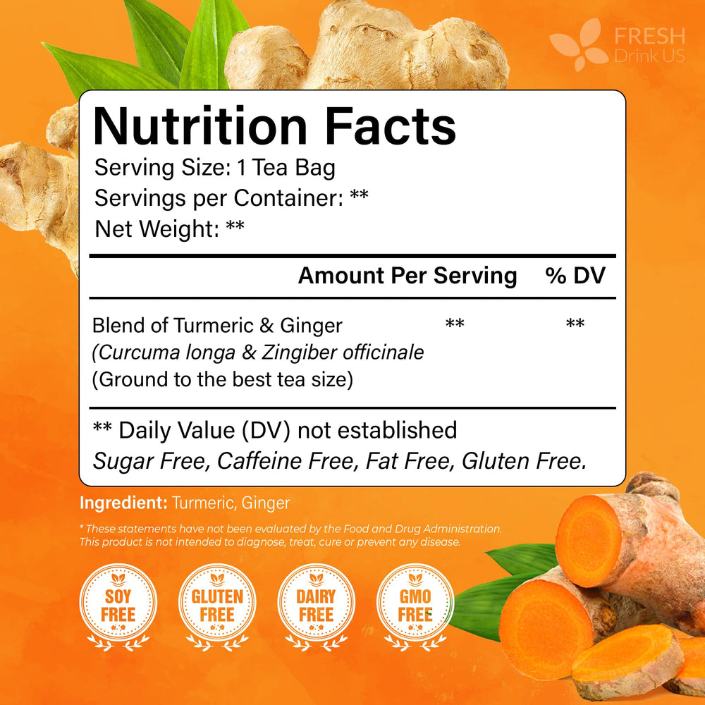 FreshDrinkUS turmeric ginger tea bags close-up of natural ingredients and aroma