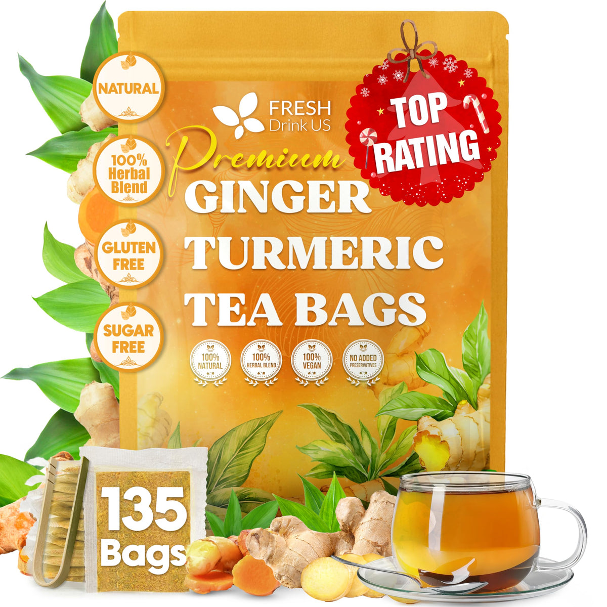 FreshDrinkUS turmeric ginger tea bags packaging showcases eco-friendly design