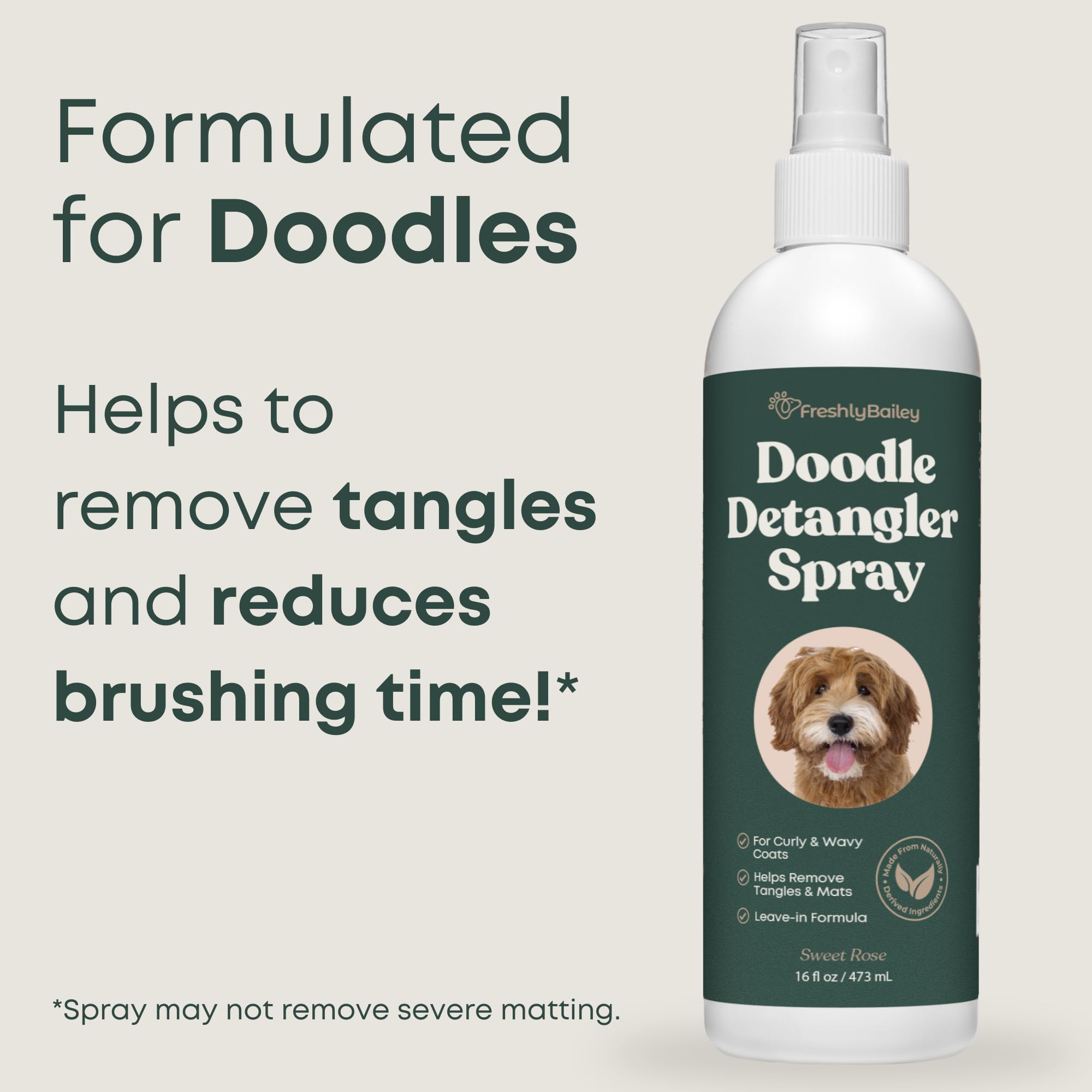 Freshly Bailey Doodle Detangler label highlights natural, gentle ingredients.