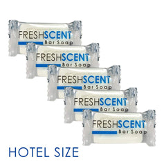 Freshscent bar soap individually wrapped for freshness and tamper-resistant hotel room amenities.