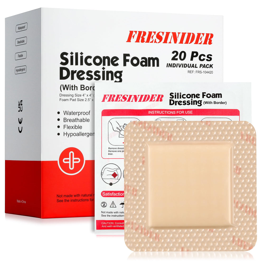 FRESINIDER silicone foam dressing border 4x4 inch pack 20 provides secure wound coverage