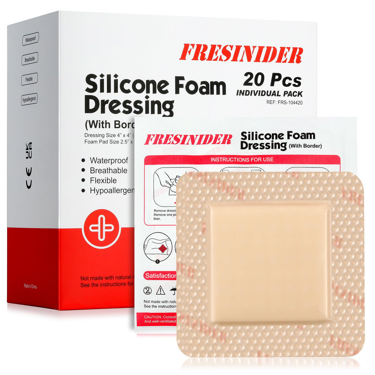 FRESINIDER silicone foam dressing border 4x4 inch pack 20 provides secure wound coverage
