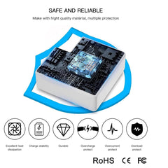 Green LED confirms full charge and safe power-off.