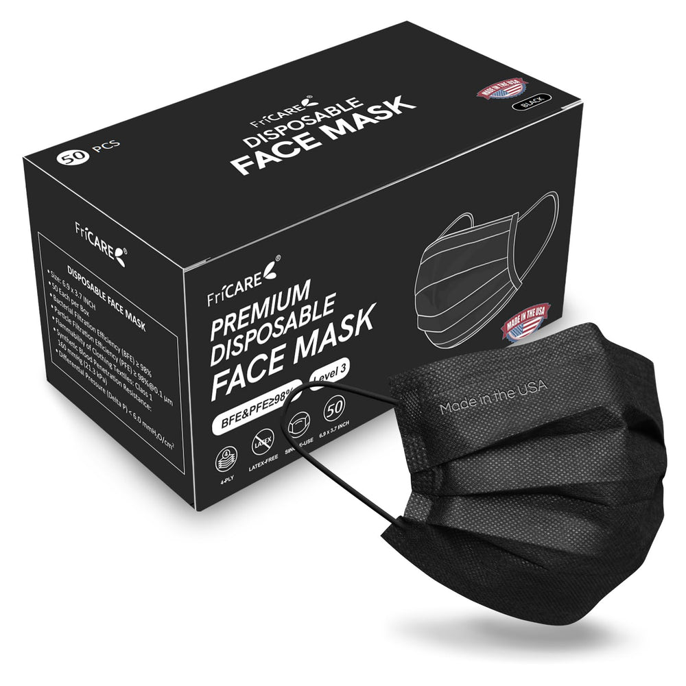 FriCARE black disposable mask in a 50-pack shown for daily wear and coverage.