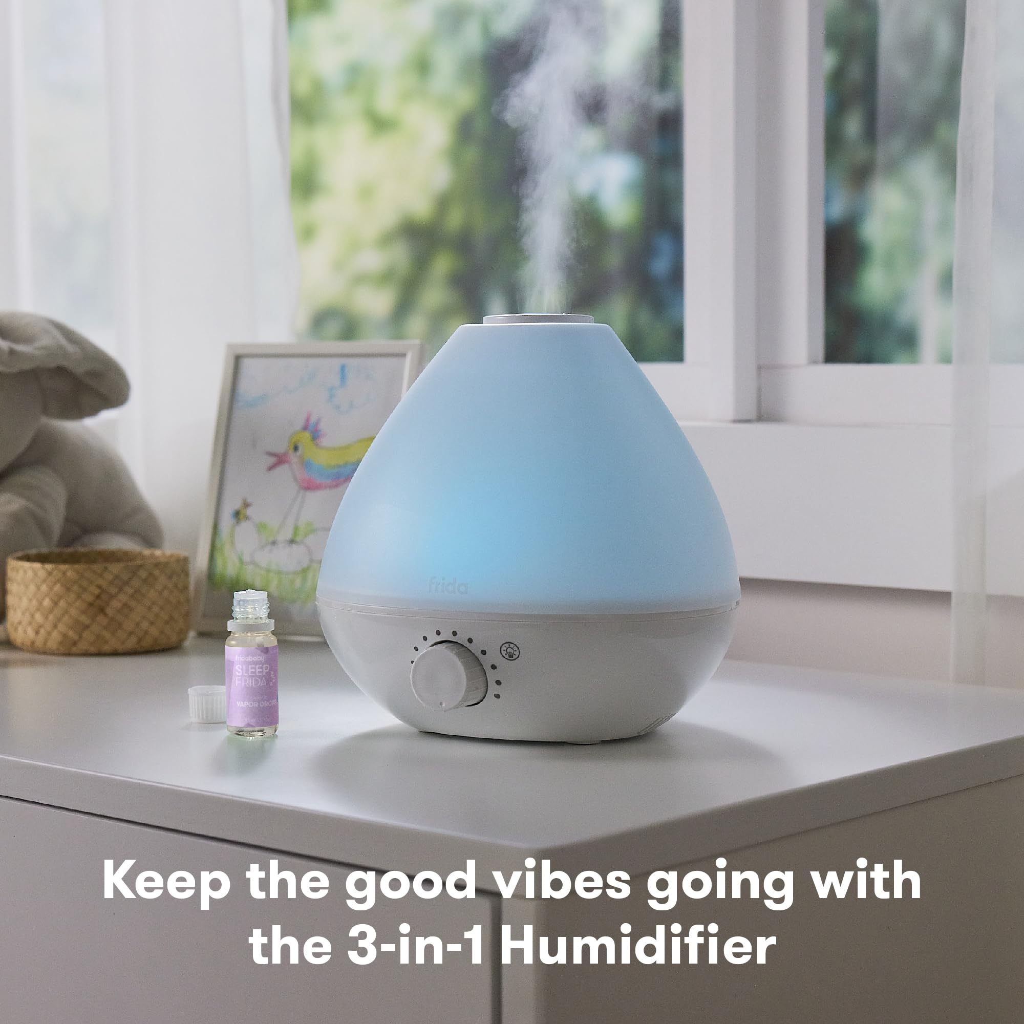 Cozy bedtime corner with Frida Baby diffuser and lavender aroma.
