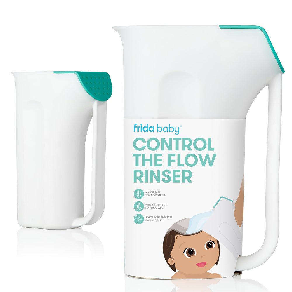 Frida Baby Control the Flow Rinser with rain shower for gentle newborn rinsing.