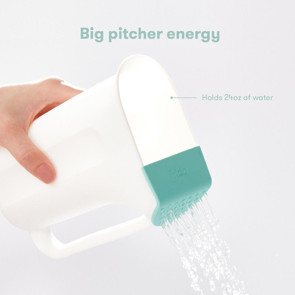 Frida Baby Control the Flow Rinser shows waterfall pour for toddlers' fast rinsing.