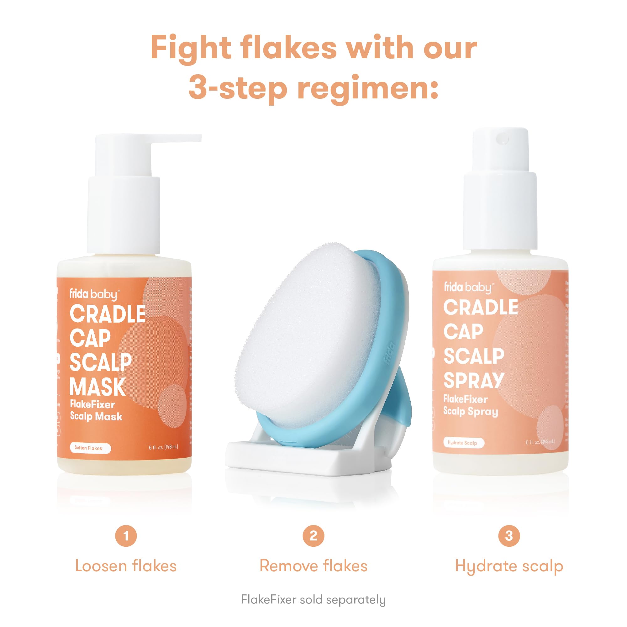 Frida Baby cradle cap spray being applied to hydrate and calm scalp