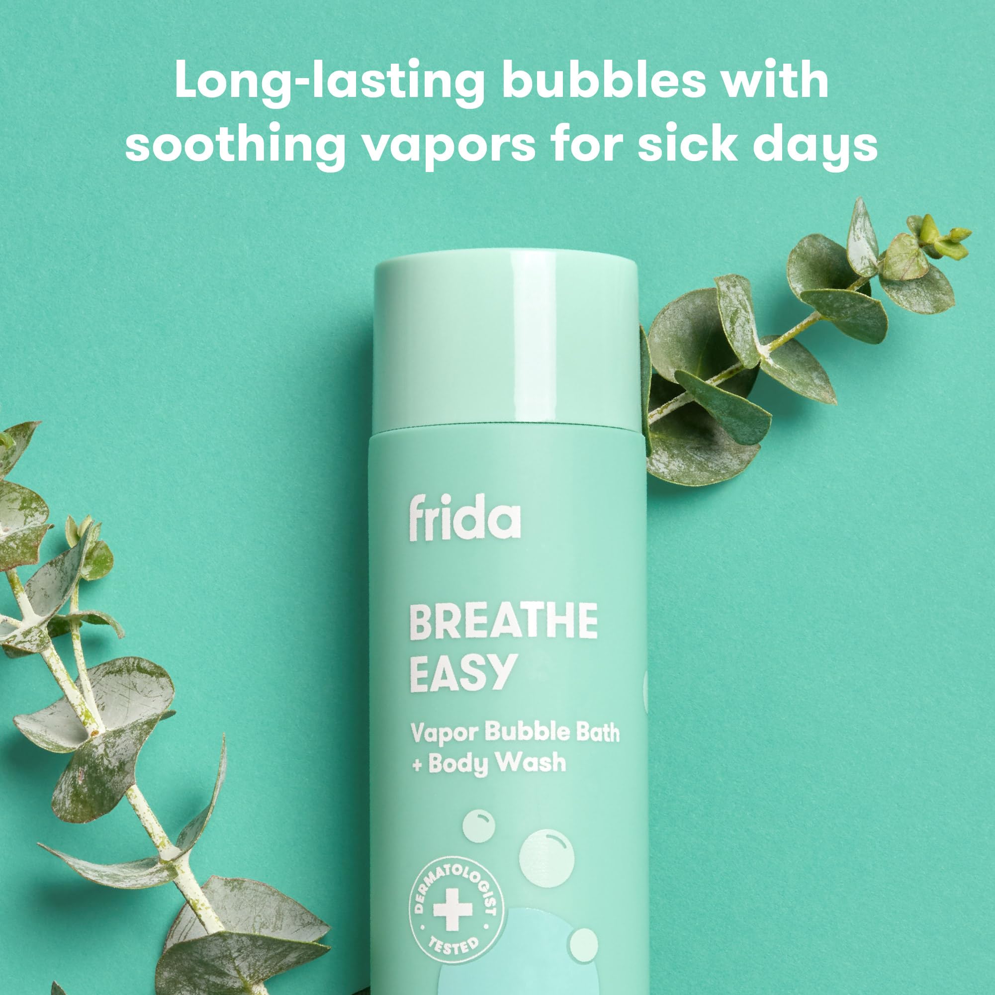 Frida Baby Eucalyptus Vapor Bubble Bath twist-lock cap keeps spills away.