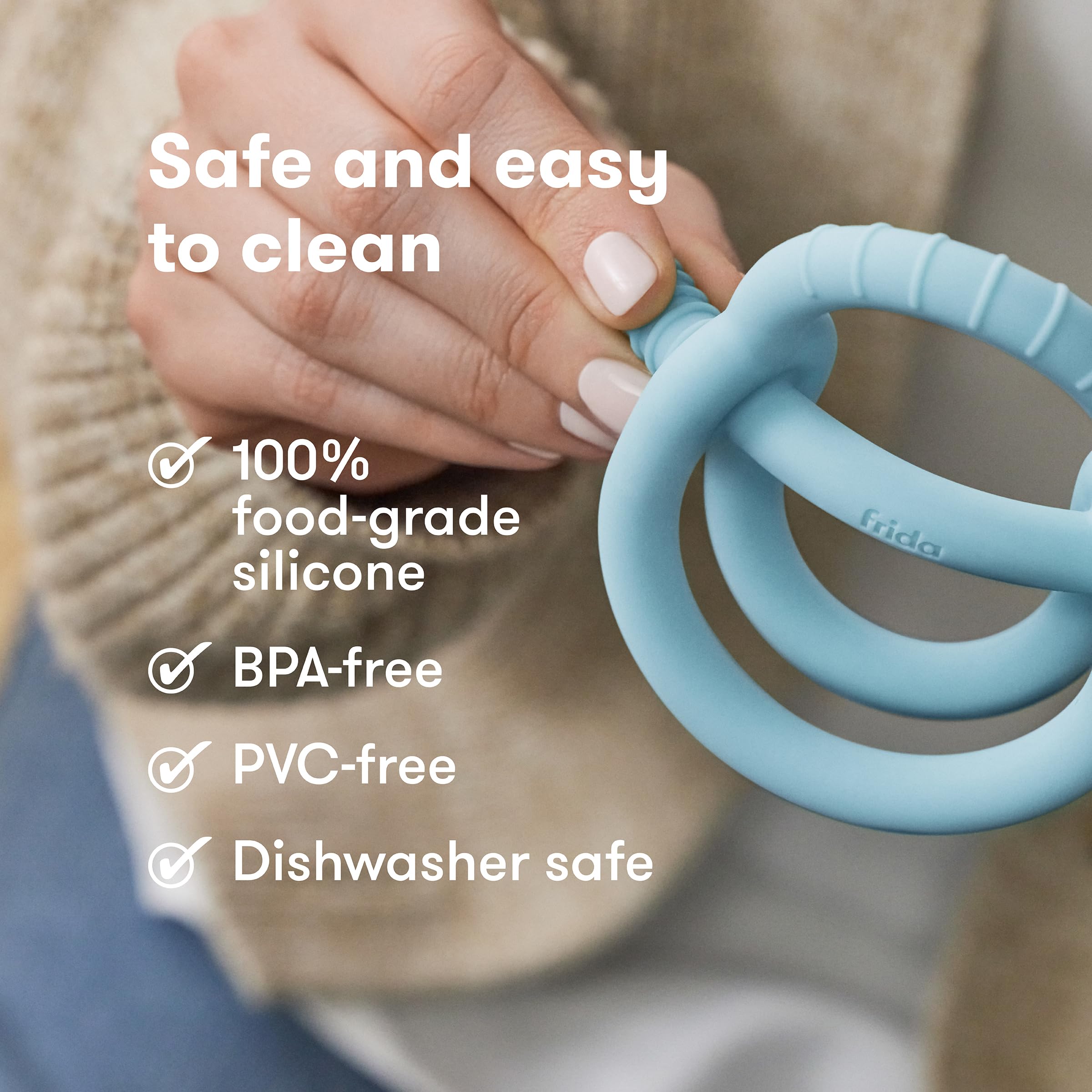 Frida Baby Get-A-Grip teether is dishwasher-safe and easy to clean.