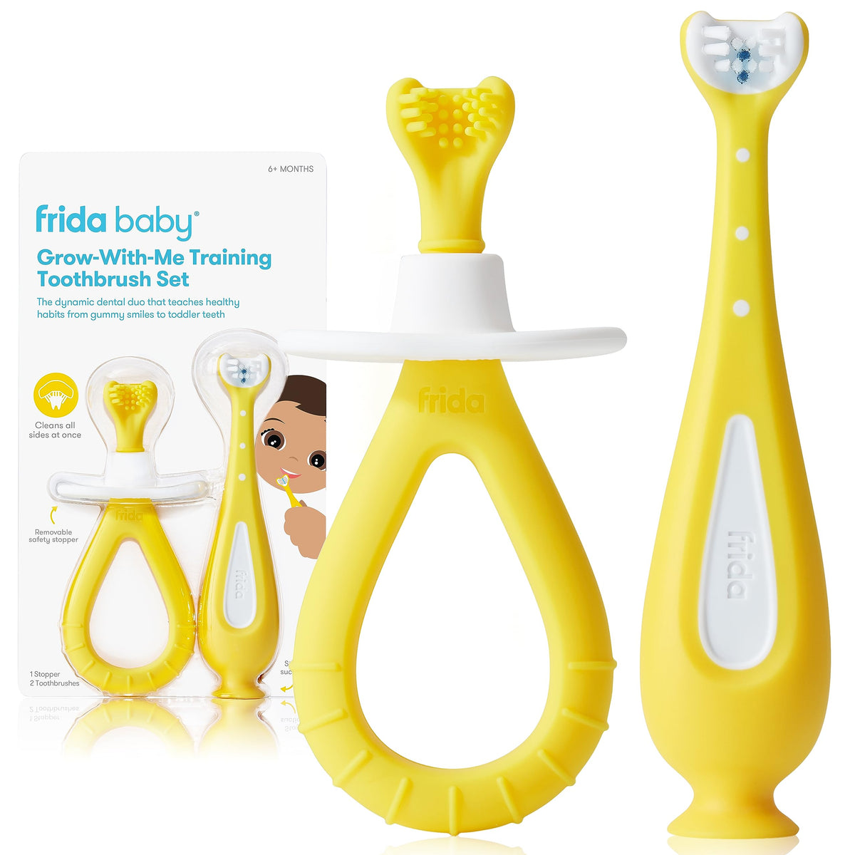 Frida Baby Grow-with-Me infant brush with soft bristles for gentle gum massage.