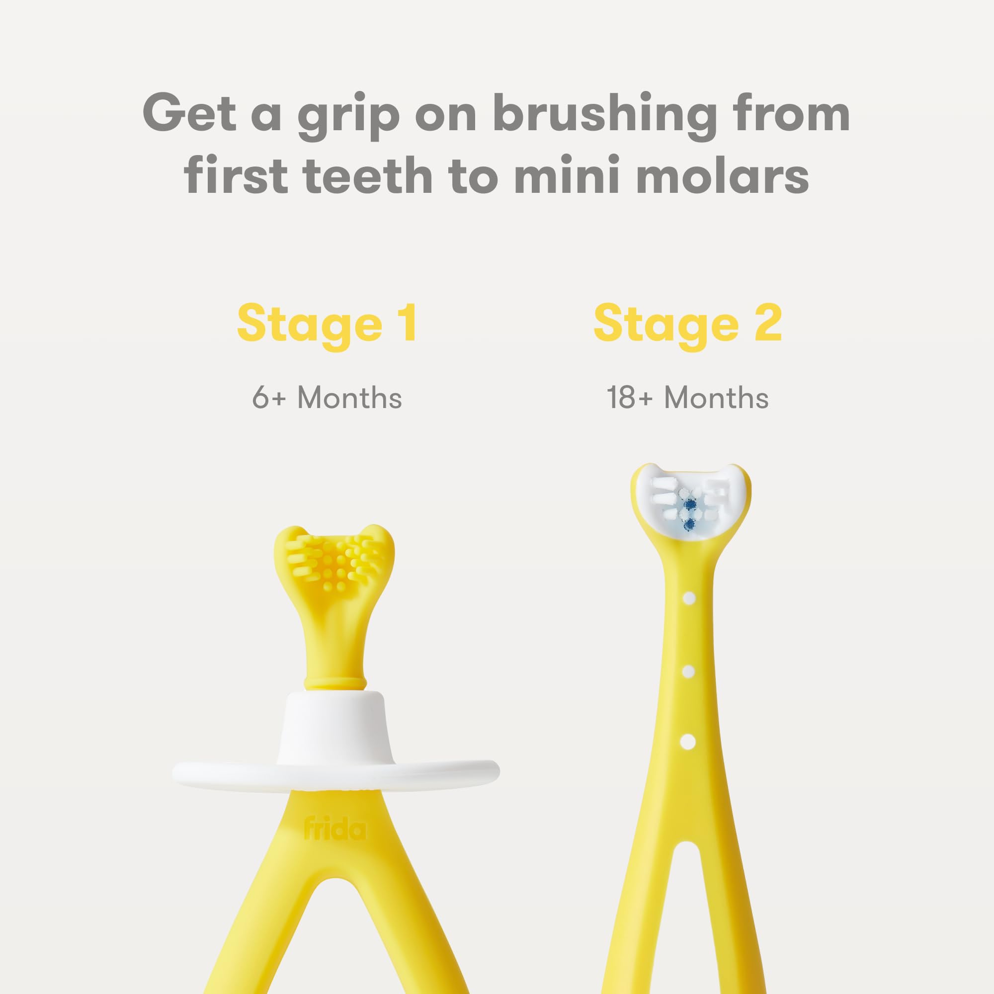 Frida Baby Grow-with-Me toddler brush with triple-angle bristles for all-side cleaning.