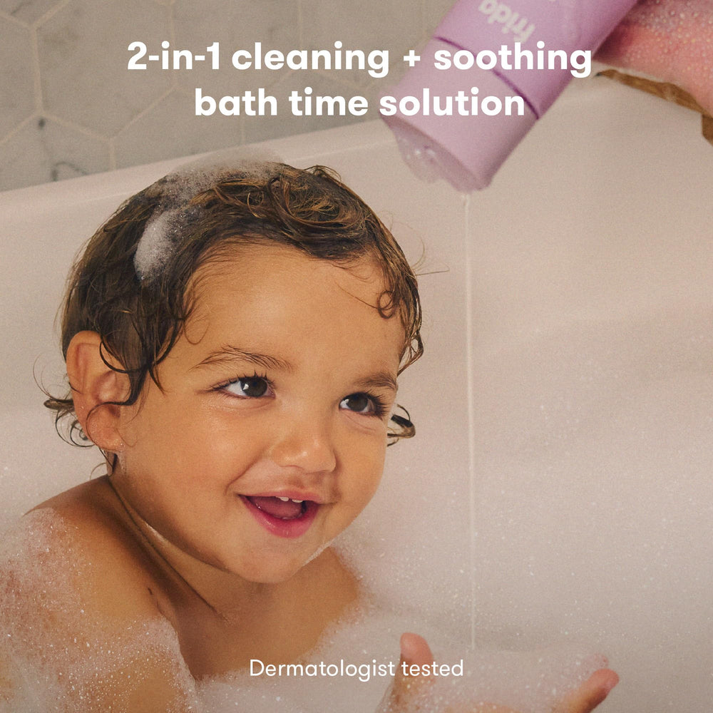 Frida Baby Lavender Bubble Bath bubbles image showcases a gentle, tear-free bath.