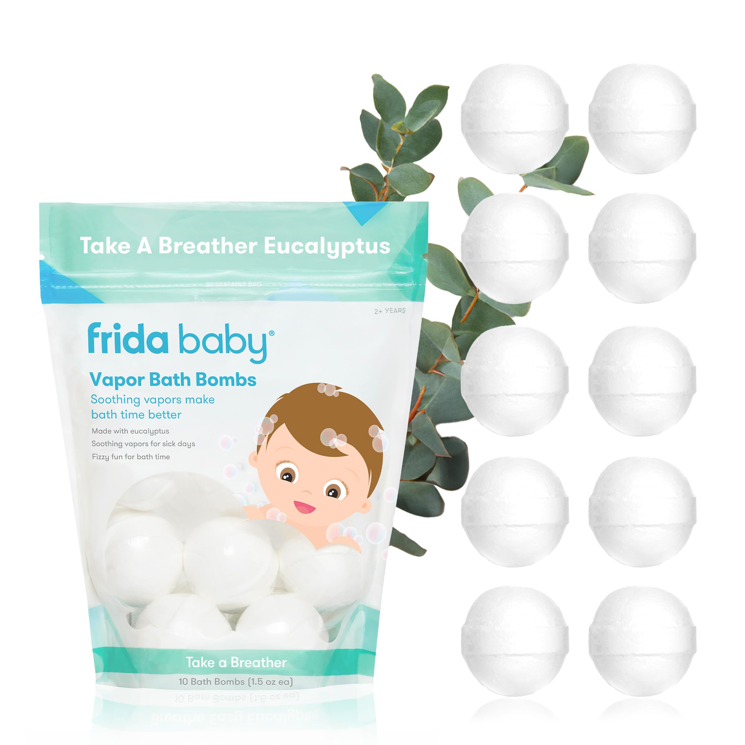 Frida Baby natural vapor bath bombs packaging shows 10 individually wrapped bombs for calming baths.