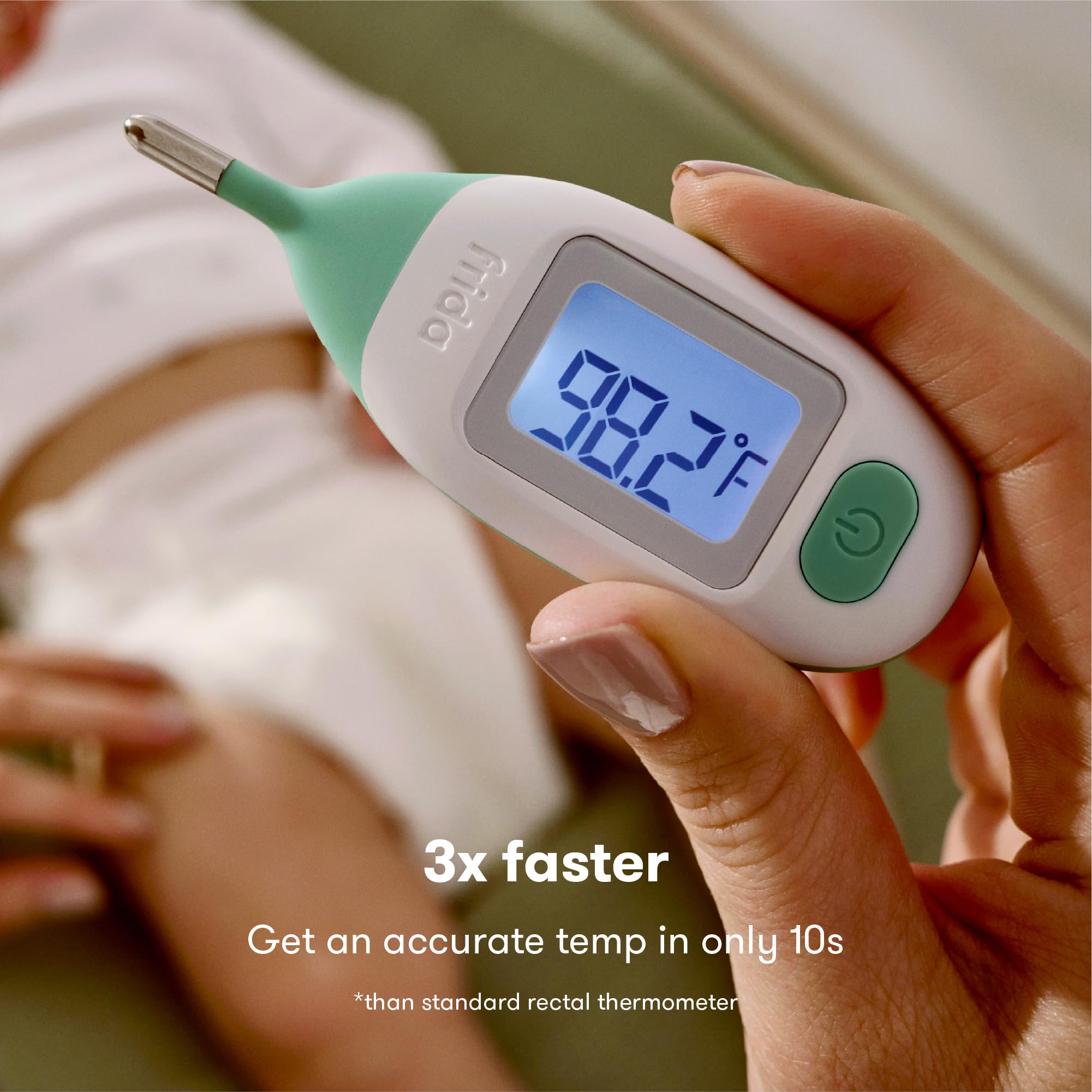 Frida Baby rectal thermometer in protective case for travel and storage
