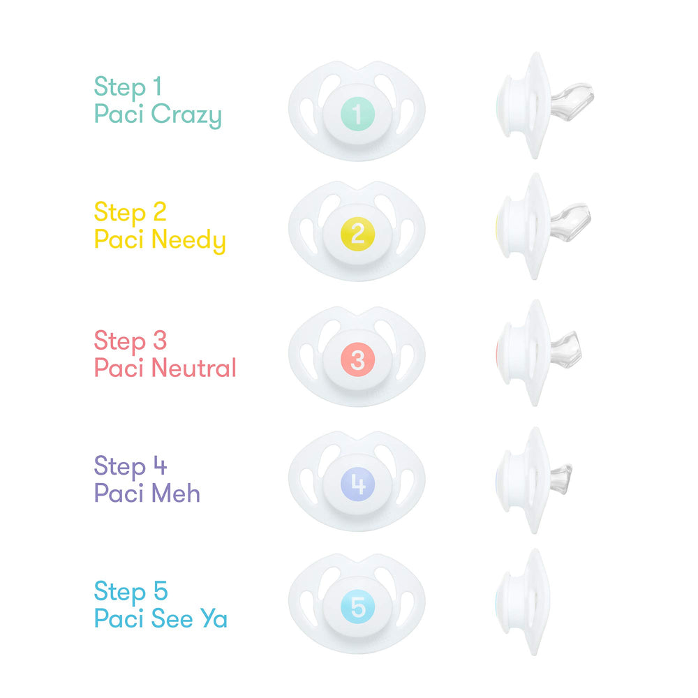 Frida Baby silicone paci weaning step-1 nipple close-up shows gradual shrinkage for pacing the transition.