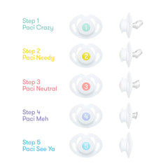 Frida Baby silicone paci weaning step-1 nipple close-up shows gradual shrinkage for pacing the transition.