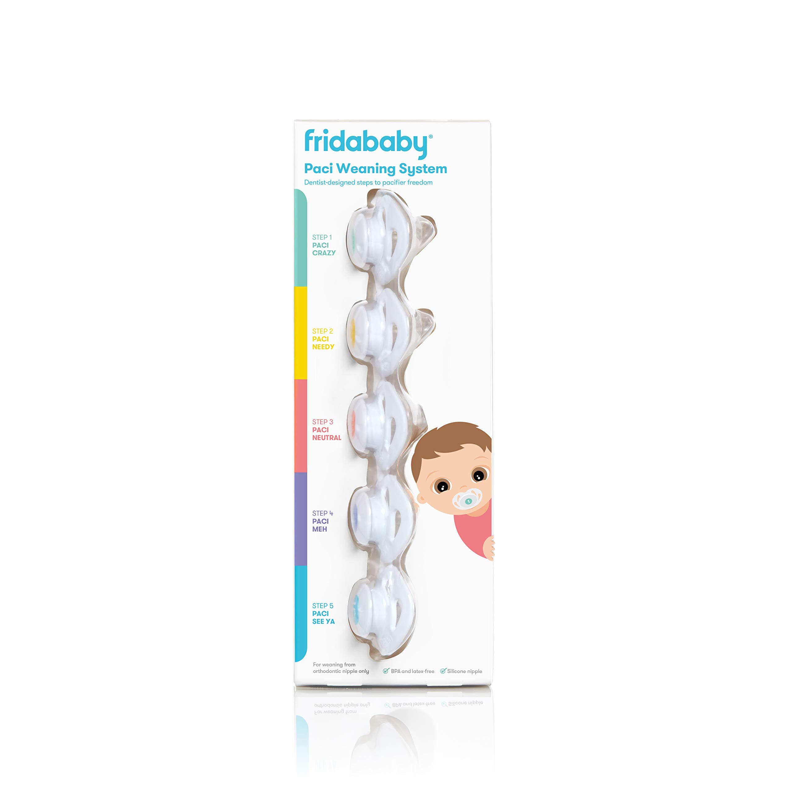 Frida Baby silicone paci weaning step-2 nipple close-up demonstrates continued reduction in pacifier satisfaction.