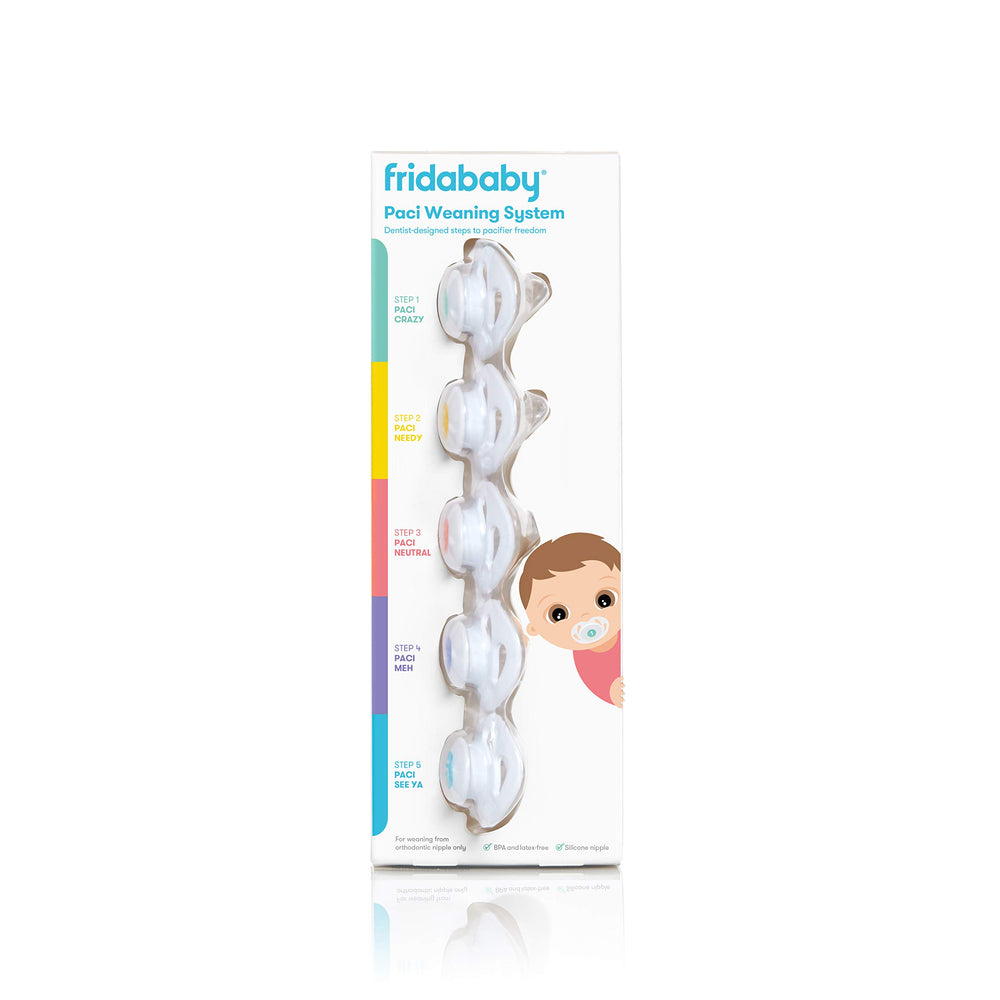 Frida Baby silicone paci weaning step-2 nipple close-up demonstrates continued reduction in pacifier satisfaction.
