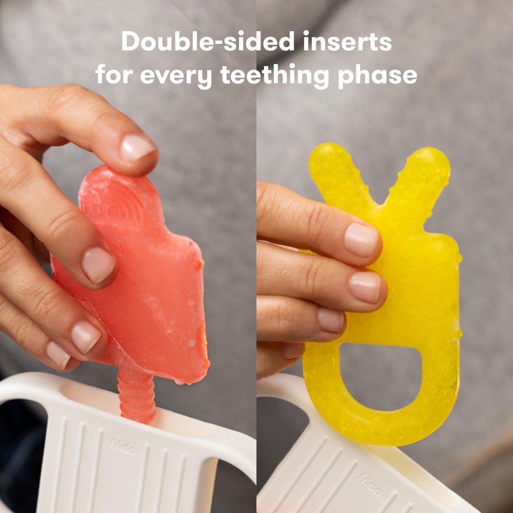 Frida Baby BPA-free silicone teether encourages safe chewing during teething.