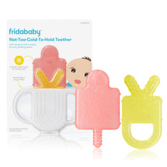 Frida Baby silicone teether handle offers comfortable grip for extended teething sessions.