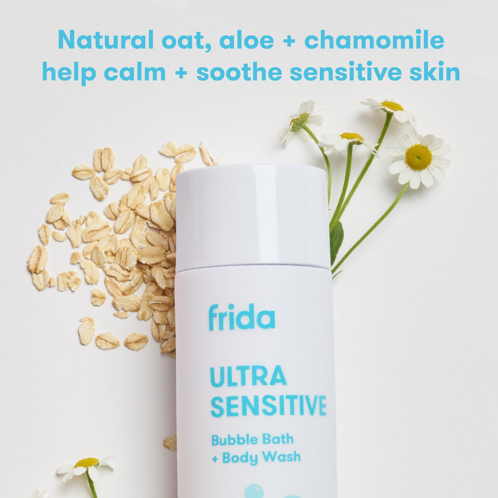 Frida Baby Tear-free bottle showing safe bath time for kids.