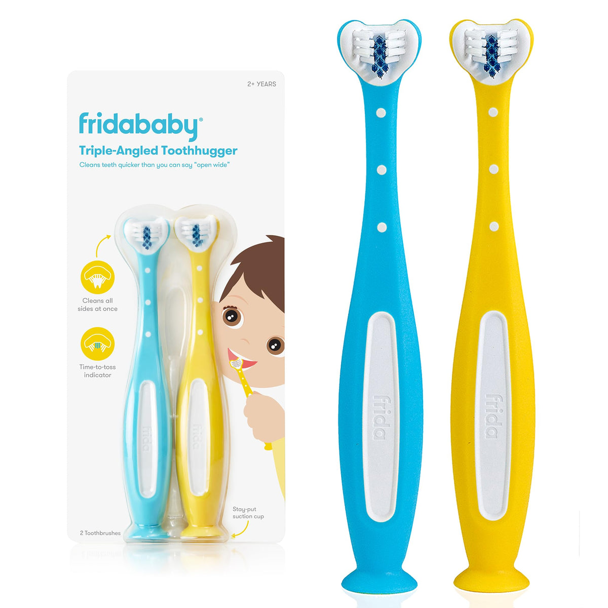 Frida Baby Triple-Angle Toothhugger yellow brush head cleans all sides at once