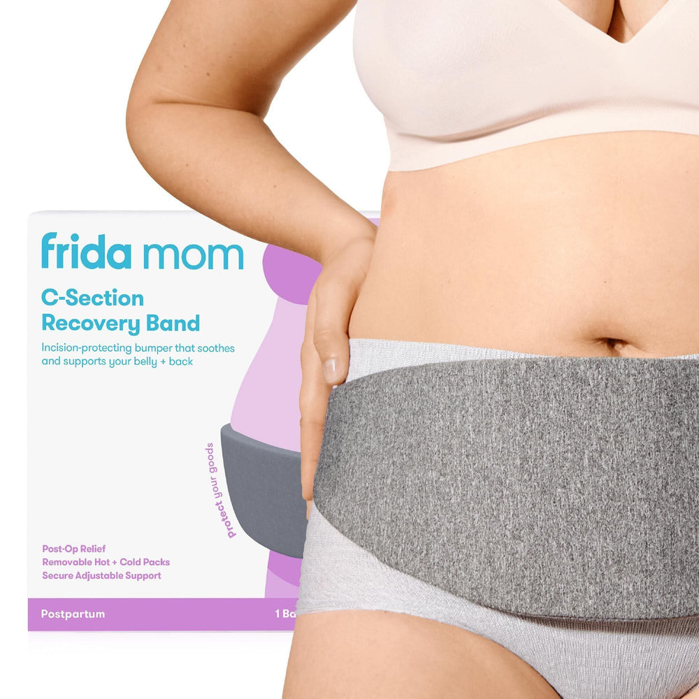 Frida Mom C-Section Recovery Band overview shows hands-free incision protection during daily tasks