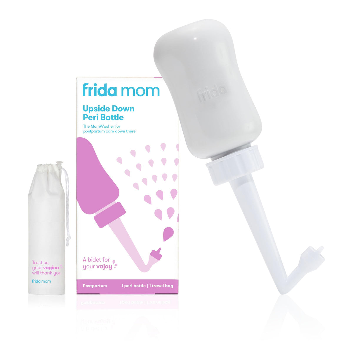 Frida Mom Upside-Down Peri Bottle angled use for gentle postpartum cleansing.