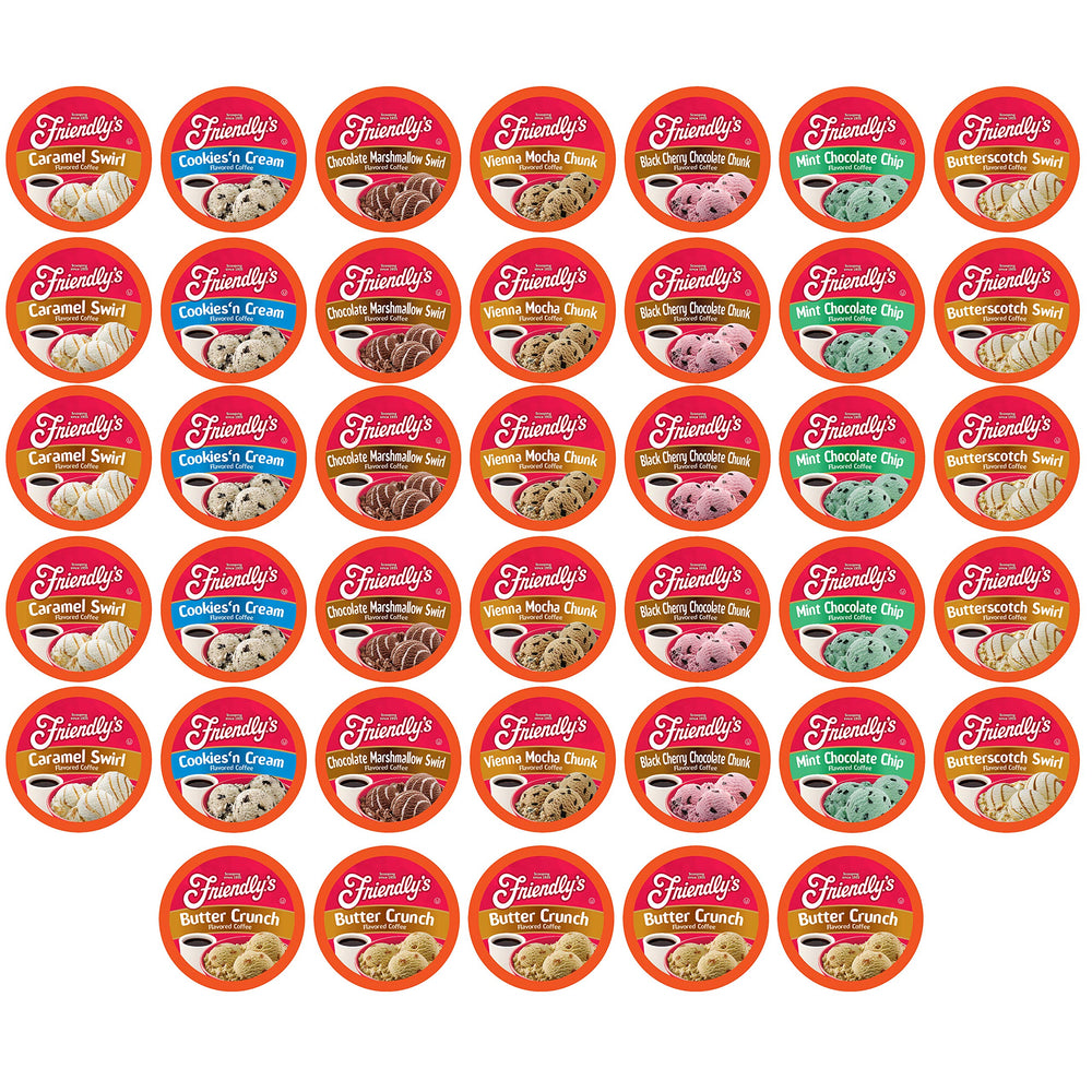 Friendly's coffee pods assorted ice cream flavors box front, ideal for quick Keurig flavor variety.