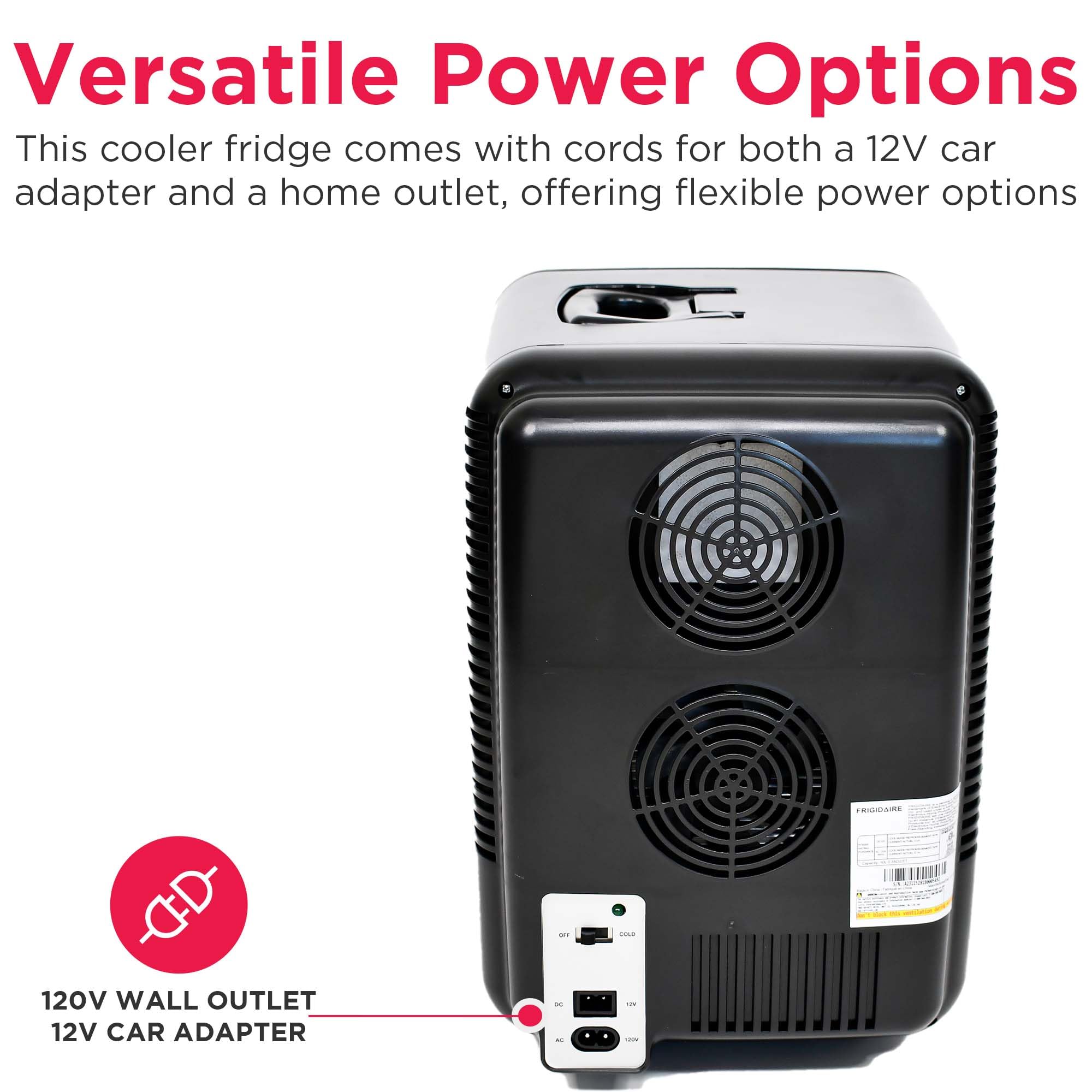 Frigidaire mini fridge with 12V car adapter ready for travel.