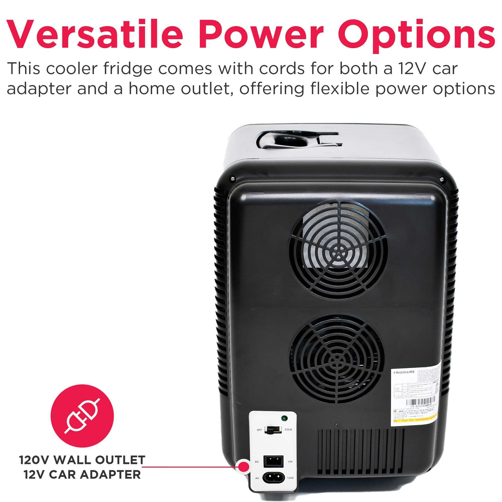 Frigidaire mini fridge with 12V car adapter ready for travel.