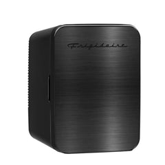 Frigidaire mini fridge front view in brushed black stainless for space-saving storage.