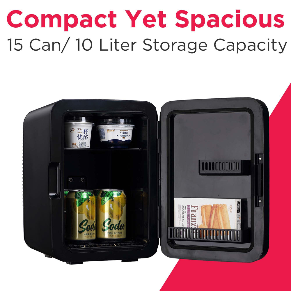 Frigidaire mini fridge interior with removable shelf offering flexible organization.