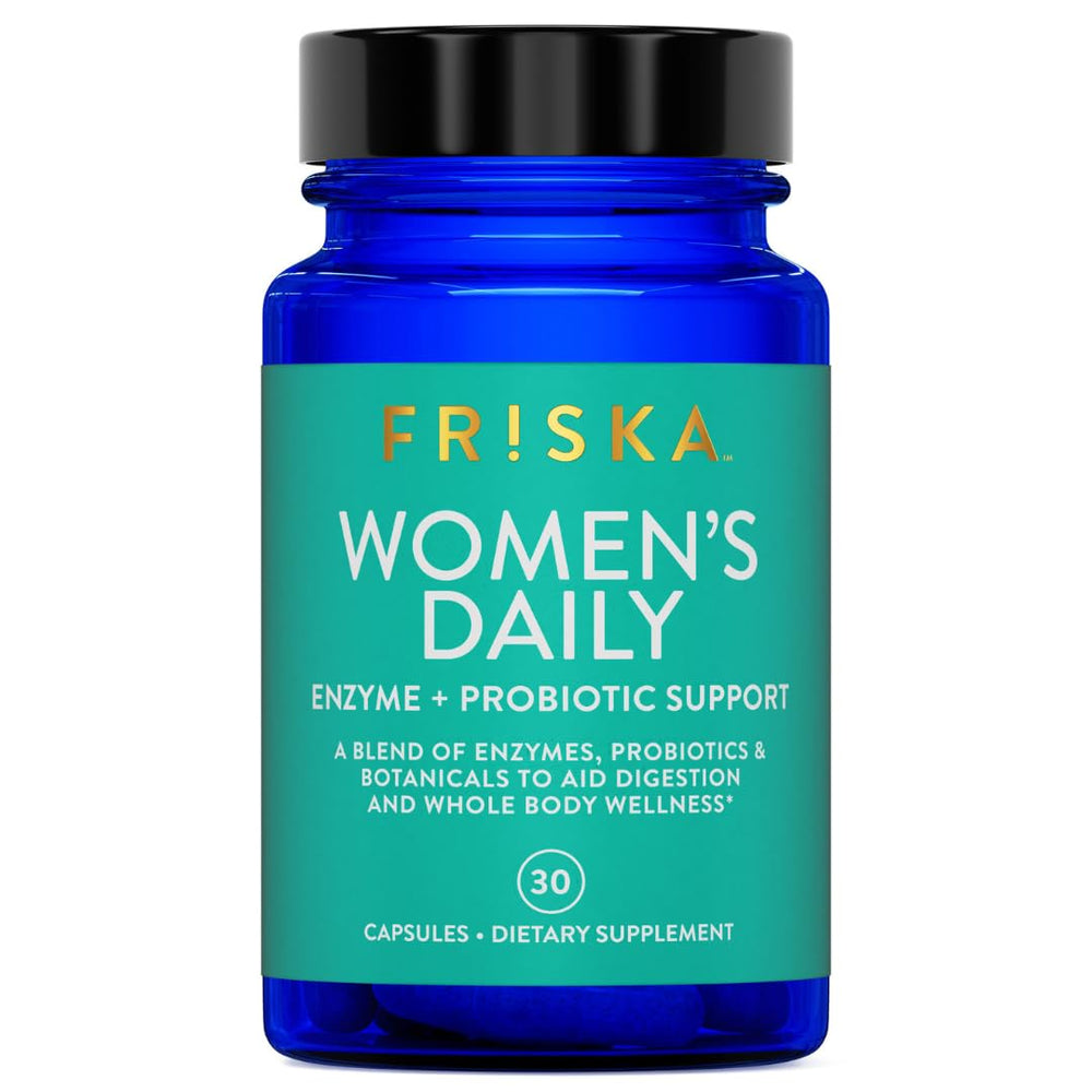 FRISKA Women's Digestive Enzymes bottle supports digestion after meals.