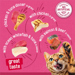 Friskies canned cat food variety pack displayed for pantry stock