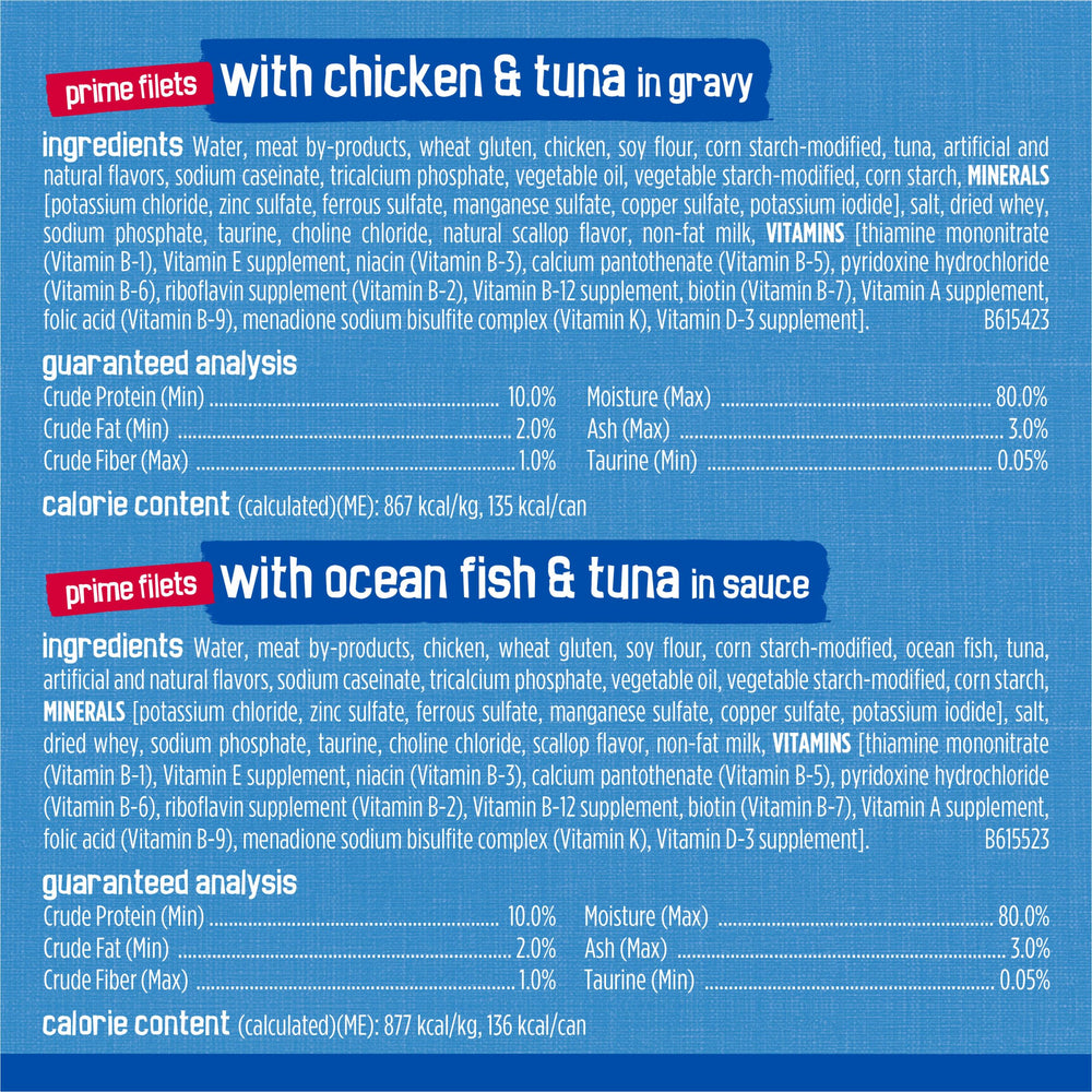 Friskies label highlights no artificial colors or preservatives.