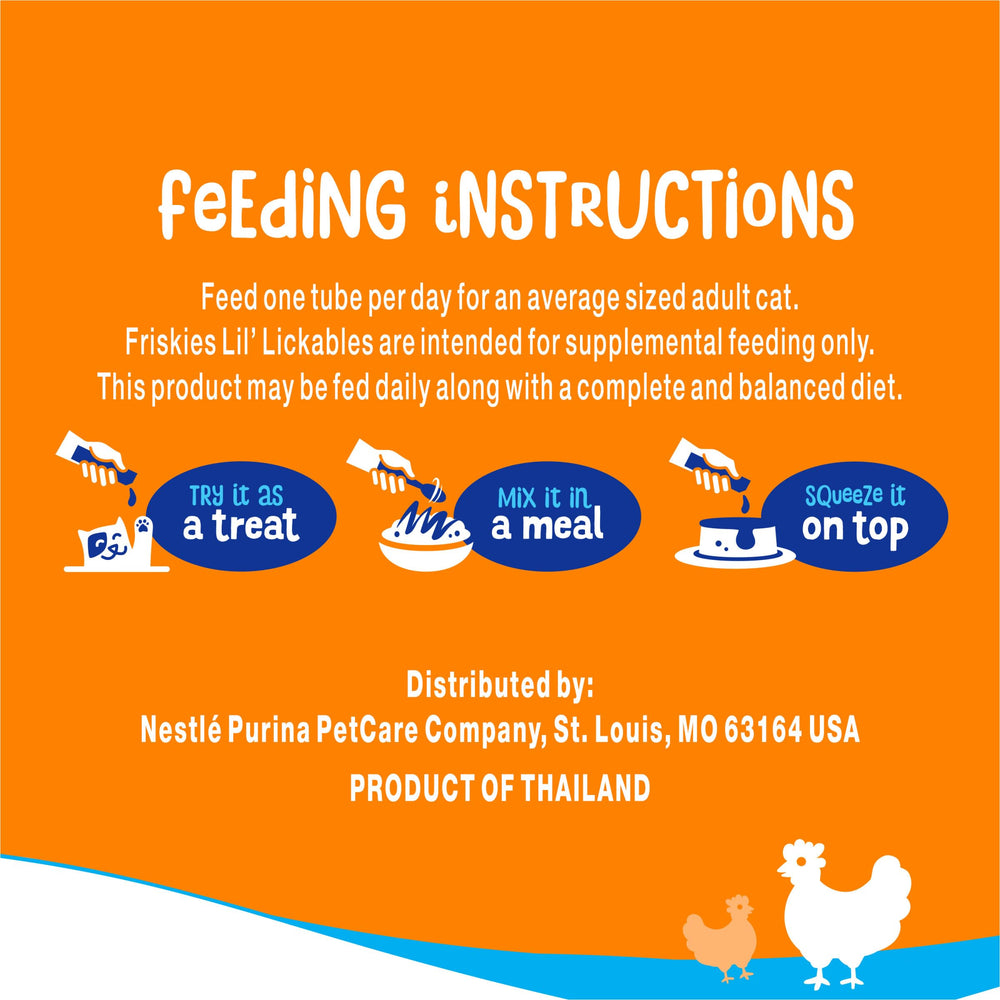 Friskies Lil’ Lickables Chicken Tube in action, attracts cats during snack time bonding.