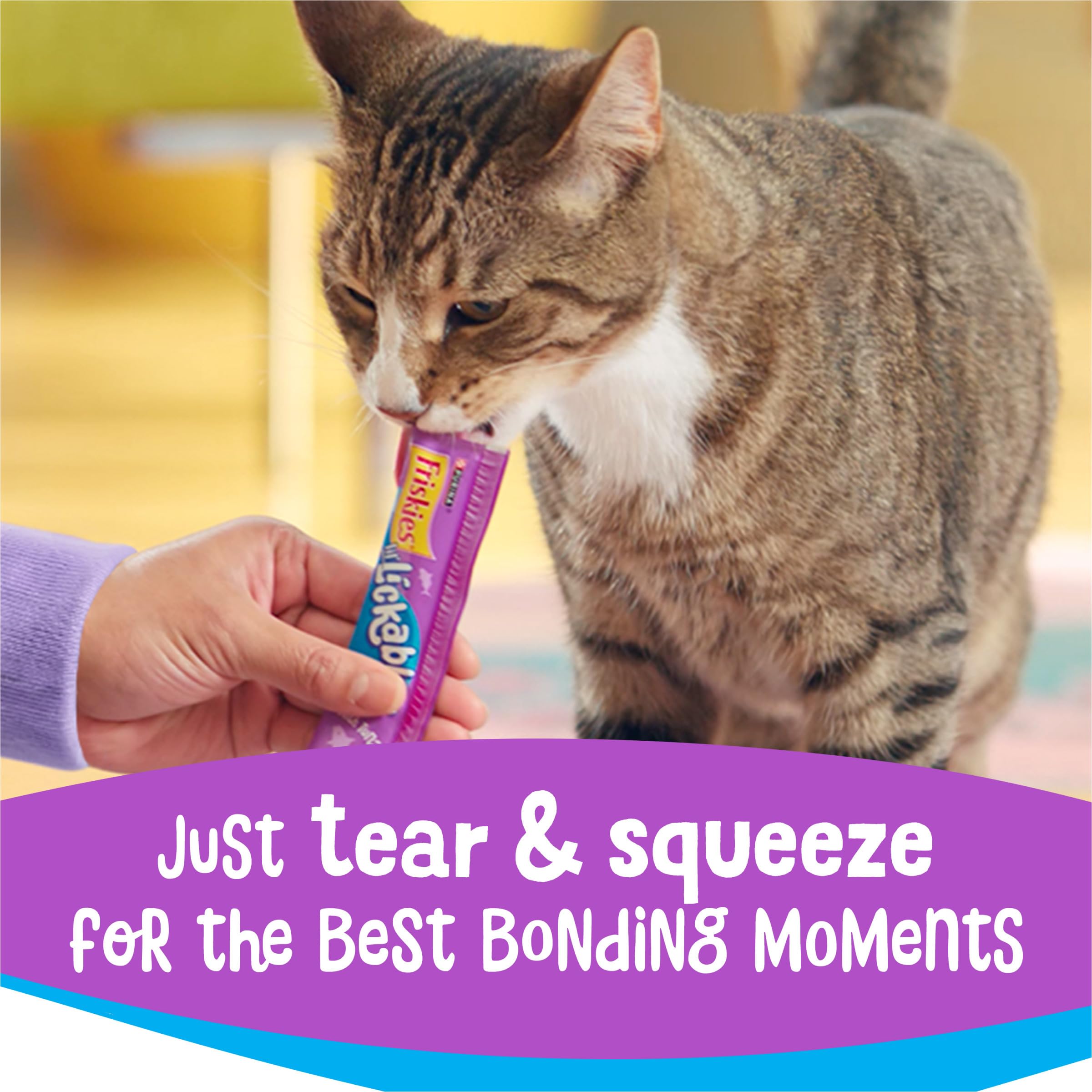 Friskies Lil’ Lickables Easy-tear top, convenient to serve in seconds.